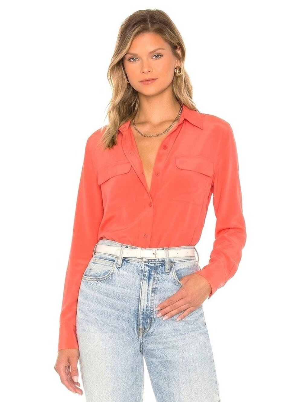 NWT Equipment Slim Signature in Living Coral Washed Silk Button Down Shirt XL